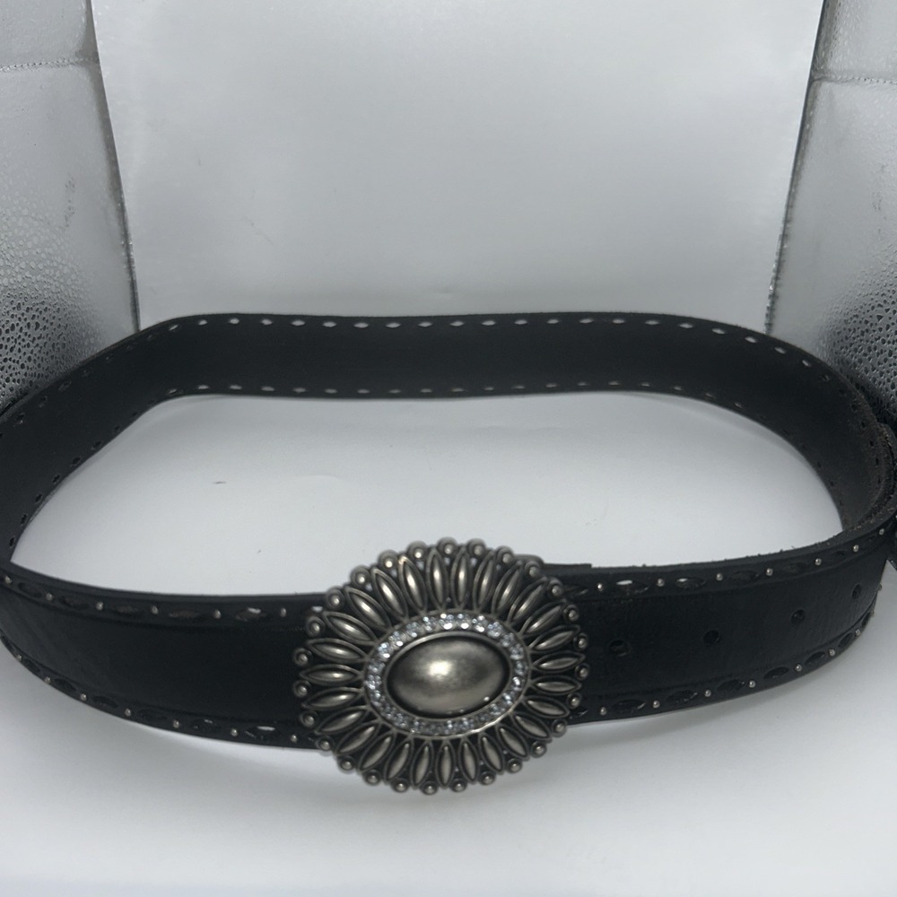 Fossil Genuine Leather Boho Southwestern Belt Bronze Rhinestone Buckle Black L